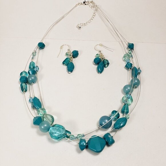 Turquoise Layered Necklace, Earrings Set – Multi-Strand Beaded Statement Jewelry - Picture 5 of 7